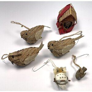 Lot 6 Bird Themed Rustic Holiday CHRISTMAS TREE ORNAMENTS Owl Birdhouse Beige